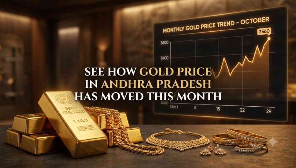 Gold jewellery and coins displayed to show the monthly gold price trend in Andhra Pradesh